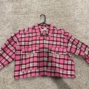 Good American Pink Plaid Button Down Shirt